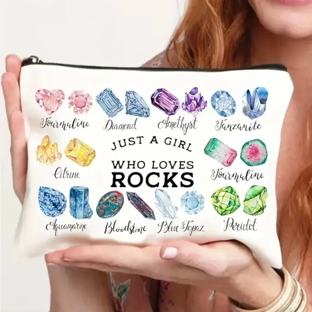 Crystal Print Girl Who Loves Rocks Makeup Bag